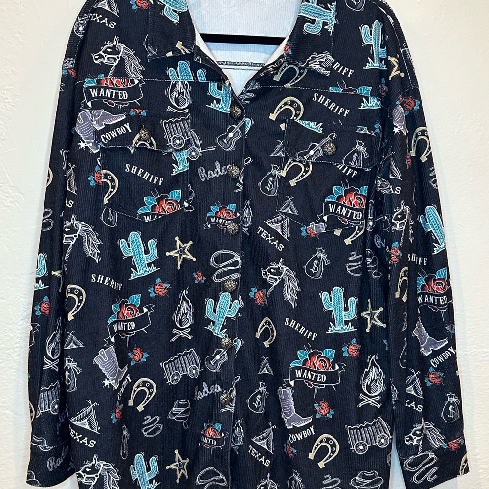 Marigold Kiss, Western-Themed Button Down Graphic Shirt